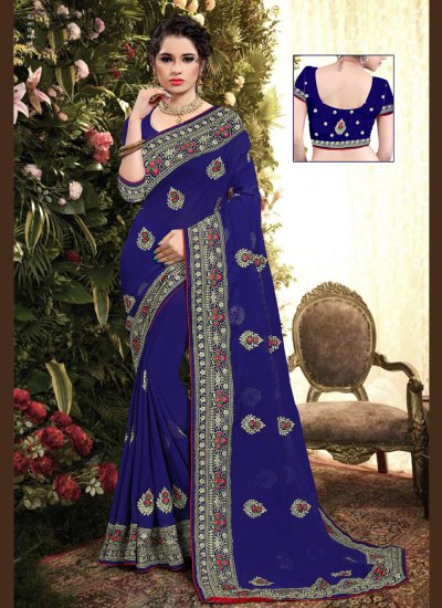 Embroidered Georgette Classic Saree in Blue