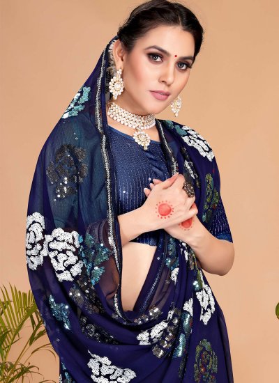 Embroidered Georgette Classic Saree in Navy Blue