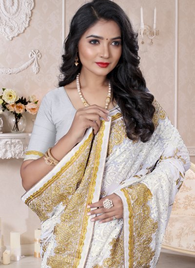 Embroidered Georgette Classic Saree in Off White
