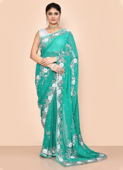 Embroidered Georgette Contemporary Saree in Rama