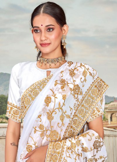 Embroidered Georgette Contemporary Style Saree in White