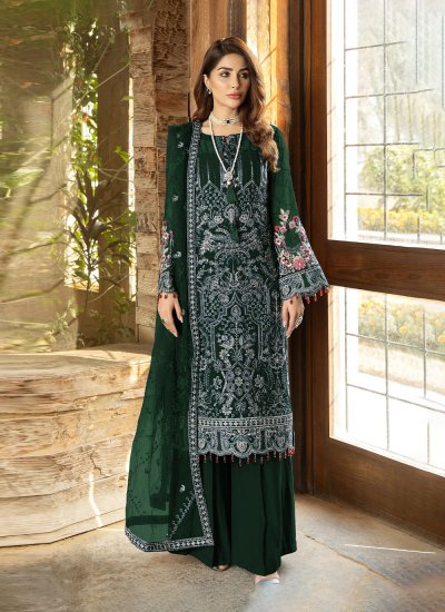 Embroidered Georgette Palazzo Suit in Green