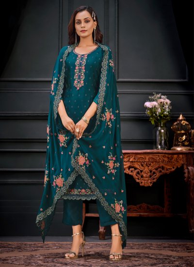 Embroidered Georgette Pant Style Suit in Teal