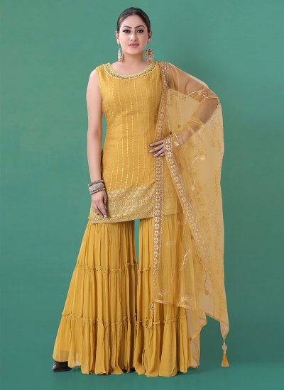 Embroidered Georgette Readymade Salwar Suit in Yellow