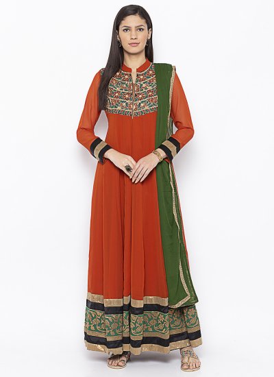 Embroidered Georgette Readymade Suit in Rust