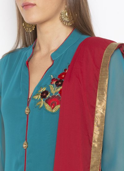 Embroidered Georgette Readymade Suit in Turquoise
