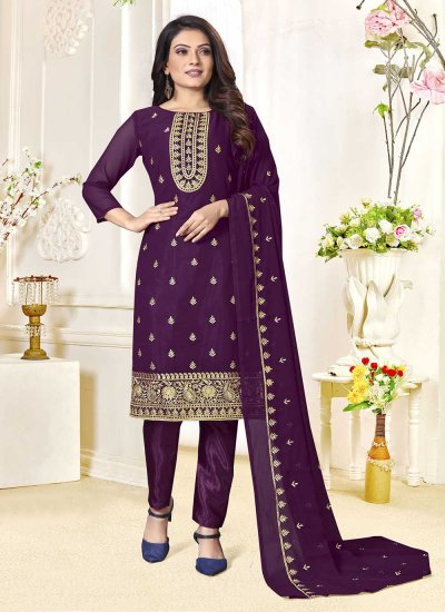 Embroidered Georgette Salwar Suit in Purple