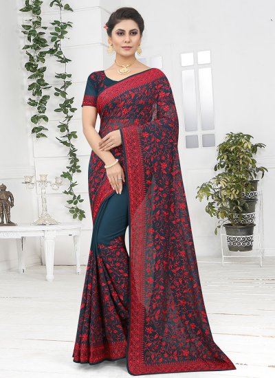 Embroidered Georgette Saree in Teal
