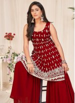 Embroidered Georgette Sharara Set in Maroon