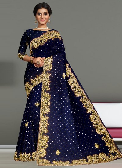 Embroidered Georgette Traditional Saree in Navy Blue