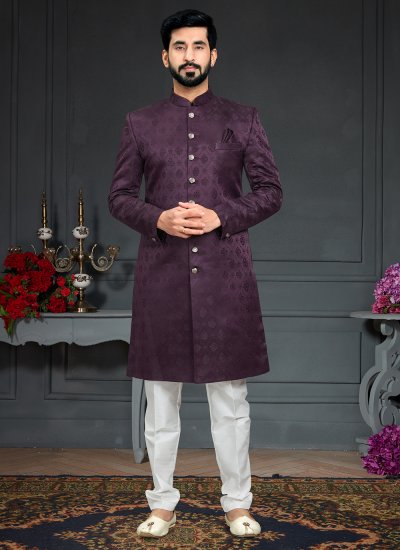 Embroidered Jacquard Indo Western in Wine