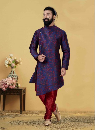 Embroidered Jacquard Silk Indo Western in Blue