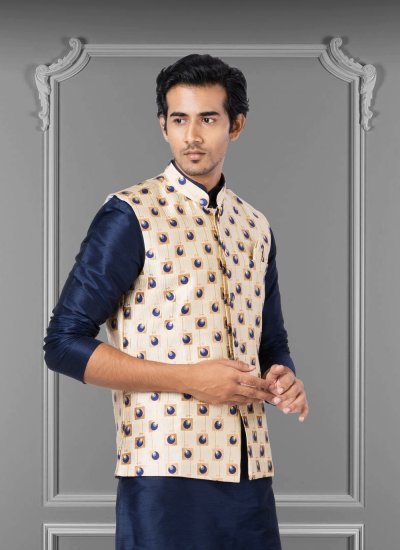 Embroidered Jacquard Silk Nehru Jackets in Cream