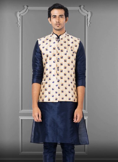 Embroidered Jacquard Silk Nehru Jackets in Cream