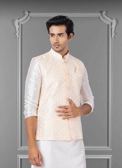 Embroidered Jacquard Silk Nehru Jackets in Pink