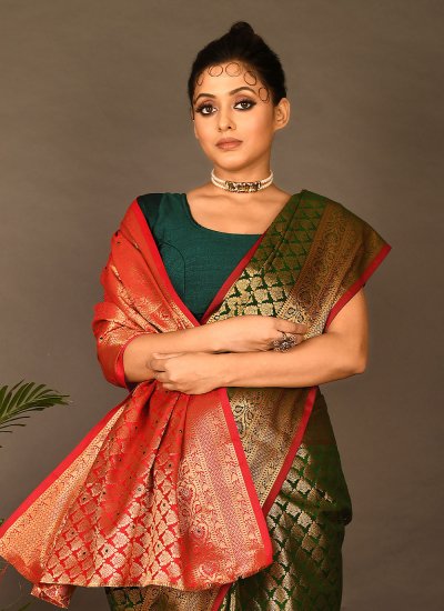Embroidered Kanchipuram Silk Traditional Designer Saree in Green