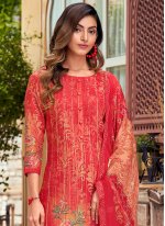 Embroidered Muslin Salwar Suit in Red