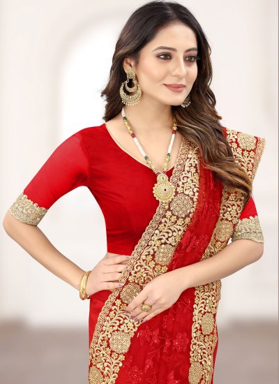 Embroidered Net Classic Designer Saree in Red