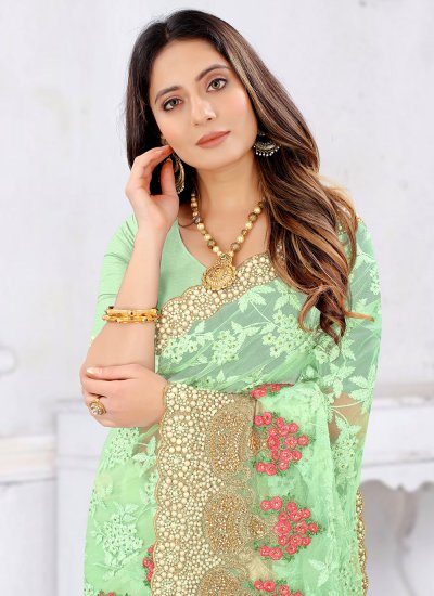 Embroidered Net Contemporary Saree in Green