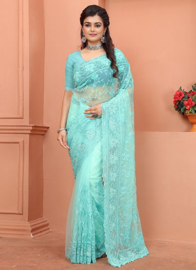 Embroidered Net Contemporary Style Saree in Aqua Blue