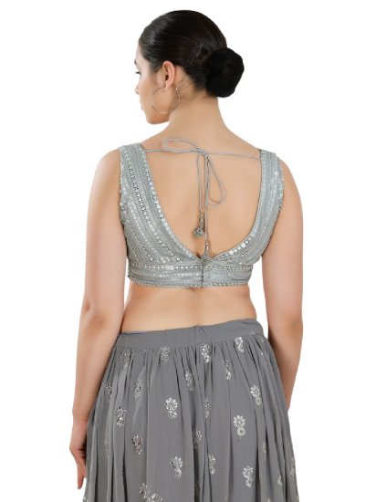 Embroidered Net Designer Blouse in Grey