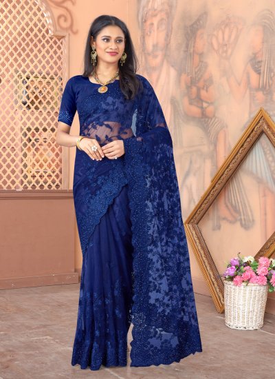 Embroidered Net Designer Saree in Blue