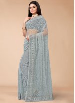 Embroidered Net Trendy Saree in Grey