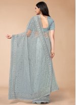 Embroidered Net Trendy Saree in Grey