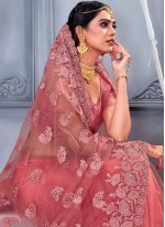 Embroidered Net Trendy Saree in Pink