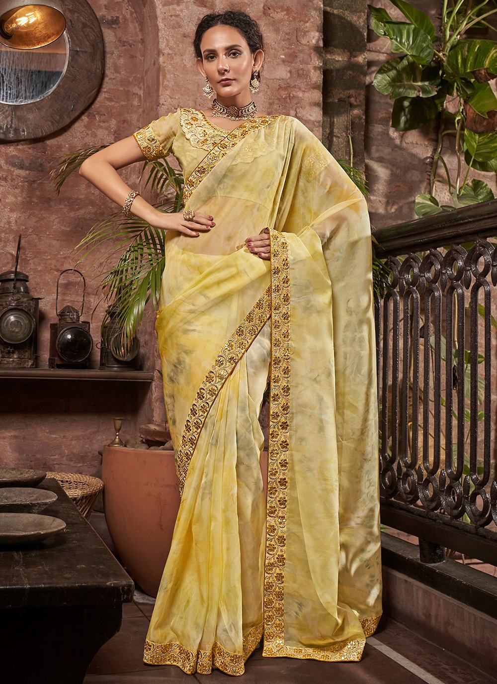 Bright Mustard Yellow Designer Embroidered Silk Party Wear Saree