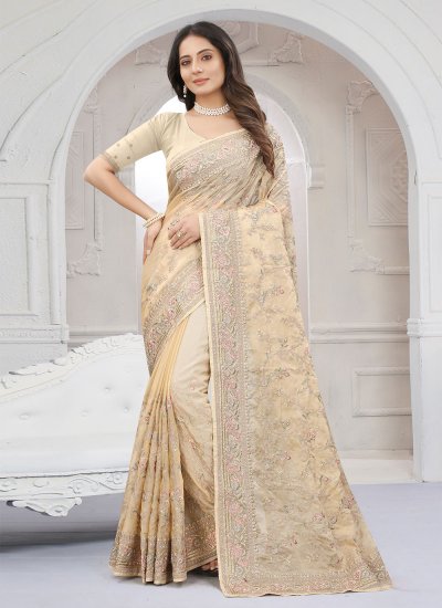 Embroidered Organza Contemporary Style Saree in Brown