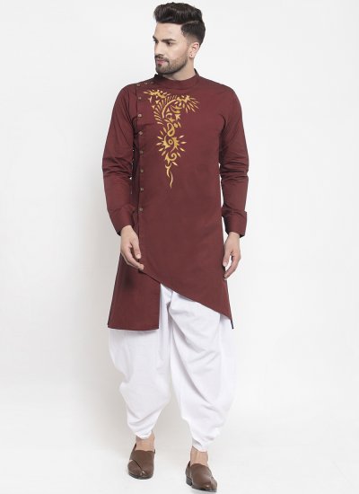 Embroidered Polly Cotton Dhoti Kurta in Maroon