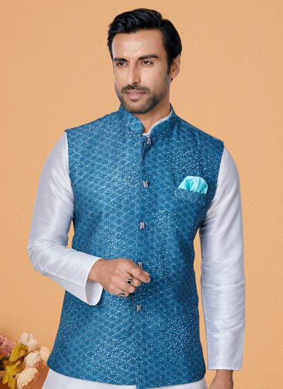 Embroidered Polyester Kurta Payjama With Jacket in Blue and Off White