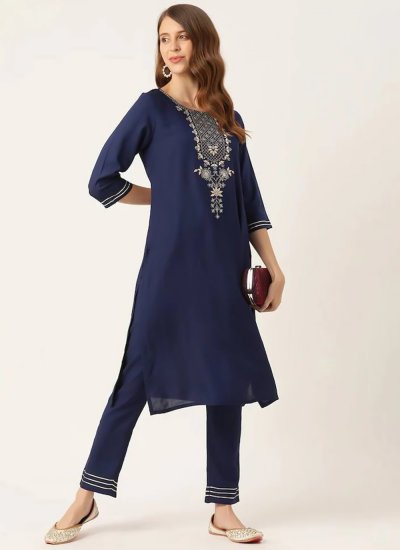 Embroidered Rayon Designer Kurti in Navy Blue