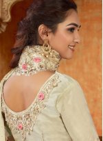 Embroidered Satin Bollywood Saree in Off White