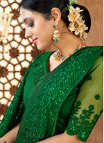 Embroidered Satin Classic Saree in Green