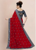 Embroidered Satin Classic Saree in Red