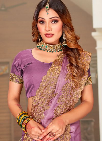 Embroidered Satin Designer Saree in Lavender