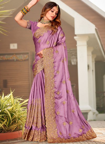 Embroidered Satin Designer Saree in Lavender