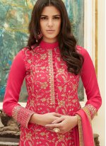 Embroidered Satin Pant Style Suit in Hot Pink