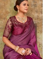 Embroidered Satin Saree in Purple