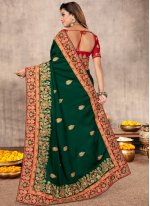Embroidered Satin Trendy Saree in Green