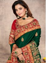 Embroidered Satin Trendy Saree in Green