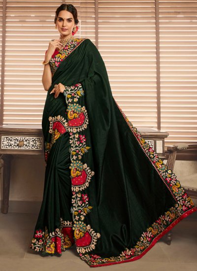 Embroidered Silk Contemporary Saree in Green