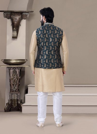 Embroidered Silk Kurta Payjama With Jacket in Beige and Teal