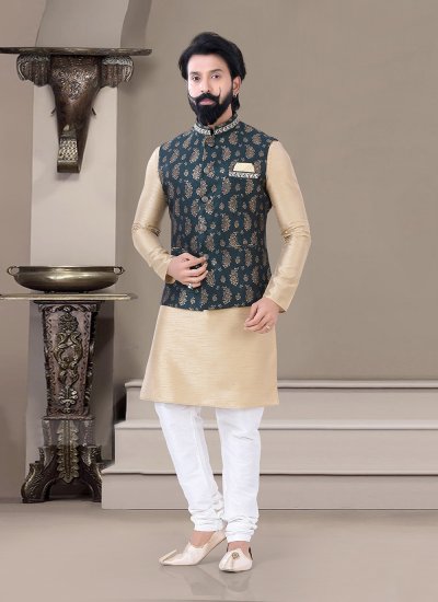 Embroidered Silk Kurta Payjama With Jacket in Beige and Teal