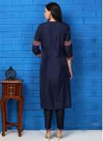 Embroidered Silk Readymade Suit in Navy Blue