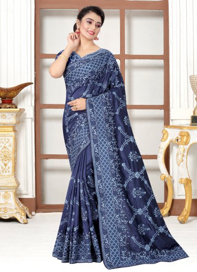 Embroidered Silk Traditional Saree in Navy Blue
