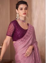 Embroidered Silk Traditional Saree in Rose Pink