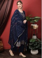 Embroidered Silk Trendy Salwar Suit in Navy Blue